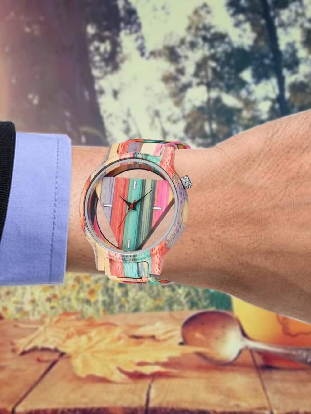 Mens Watch Colorful Multi Wooden Triangle Handmade Analog Dial Quartz Wristwatch - Picture 7 of 7